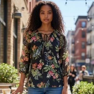 Haver London Romantic Goth Floral Blouse - M - Sheer Overlay Boho